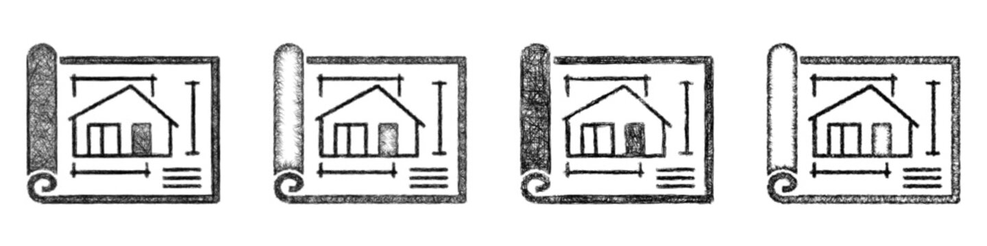 Sketch black and white architectural blueprint icon design set