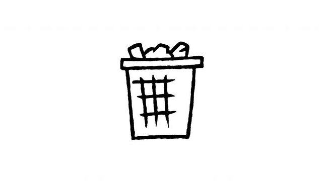 Animated doodle icon of a metal wire mesh office wastebasket for paper waste collection.