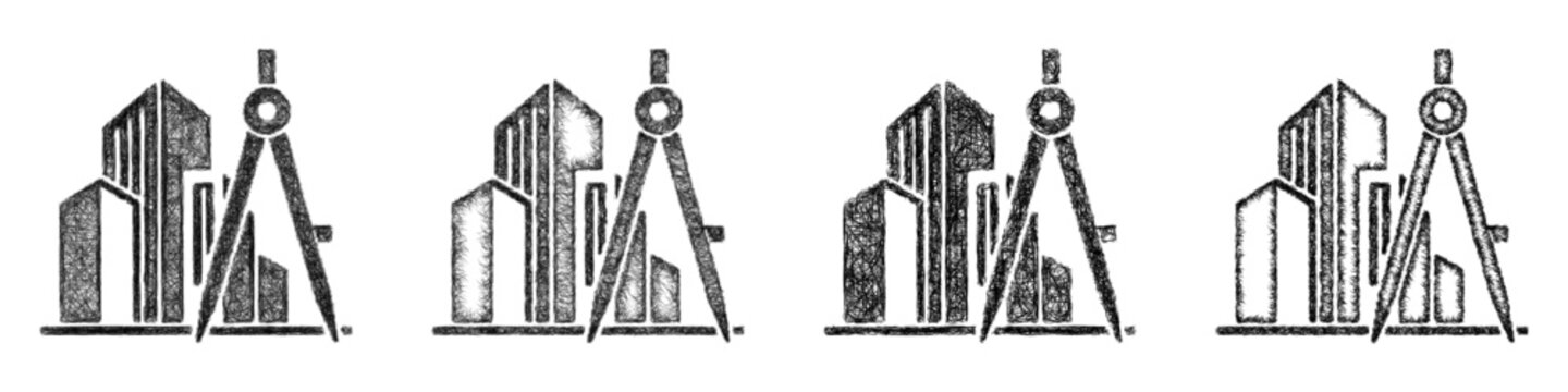 Black and white sketch architecture icon design set