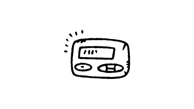 Animated doodle icon of a vintage pager beeper device displaying a text message.