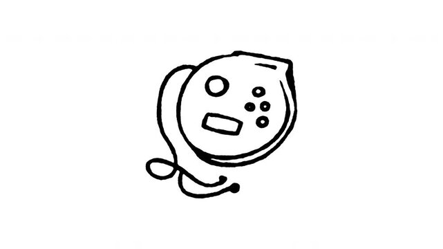Animated doodle icon of a portable disc CD player with wired headphones.