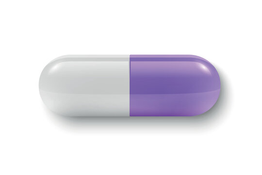 Purple Capsule Pill, Vector Illustration. 3d Capsule Pill with White Half. Capsule Pill Isolated. Medicine, Pharmacy, Health, Prescription, Treatment, Dosage, Pharmaceutical, Medical Design
