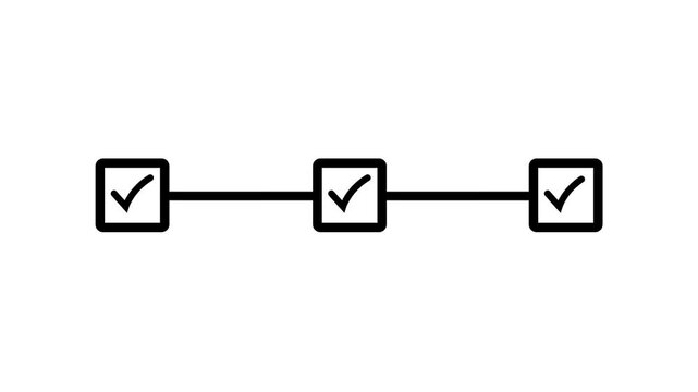 Three step checkmark workflow animation with connected completion stages and task progress on white background
