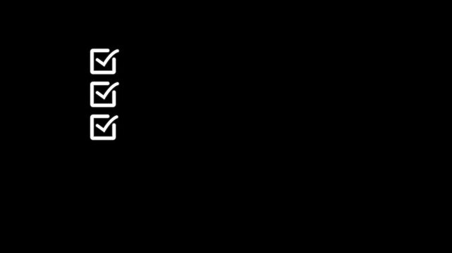 Animated checklist with sequential checkmarks for task completion and workflow progress on black background