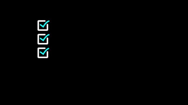 Animated checklist with cyan checkmarks appearing for task completion and workflow progress on black background