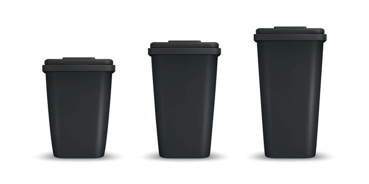Black Trash Bins, Vector Illustration. 3d Trash Bins in Three Sizes. Trash Bins Isolated for Outdoor Waste, Garbage, Recycling, Street Cleaning, City Parks, Public Spaces