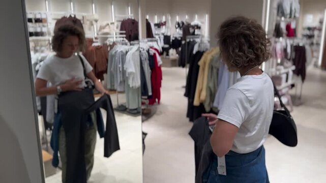 Woman examines long dark skirt in clothing store mirror, assessing its length and fit. Shopper handles fabric and studies her reflection while browsing nearby apparel racks, holding skirt fabric in