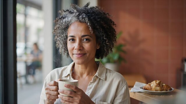 Retrato de una mujer madura sonriente con cabello rizado y gris sosteniendo una taza de caf&eacute; en una acogedora cafeter&iacute;a