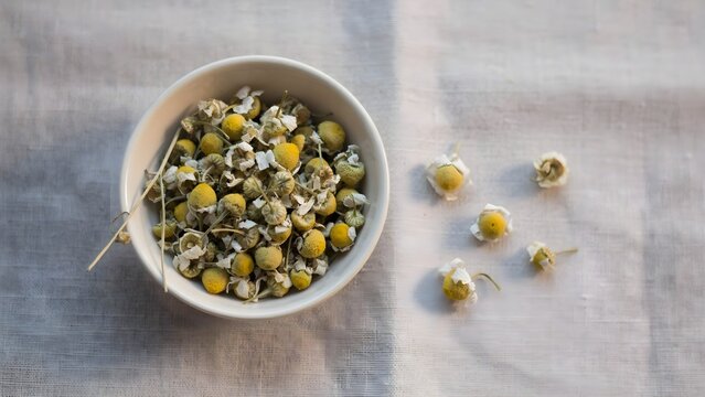 Flores de manzanilla secas en un bol blanco y esparcidas sobre un mantel de lino claro con luz natural