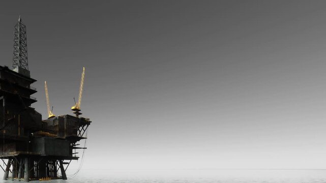 A large oil rig stands in the middle of the ocean. Cranes are visible on the structure. The sky is clear. The water reflects the rigs shape. This scene captures offshore energy production.