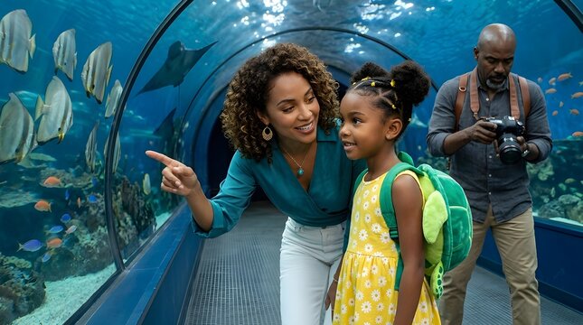 Familia feliz visitando un gran acuario, con la madre y la hija observando los peces en un t&uacute;nel submarino y el padre tomando fotos