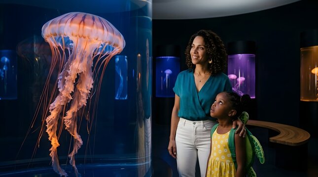 Madre e hija peque&ntilde;a contemplando fascinadas una gran medusa iluminada en un tanque cil&iacute;ndrico dentro de un acuario