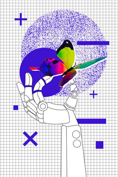 Vertical art banner collage of robot hand hold colorful butterfly insect nature cyberspace artificial intelligence on colorful background