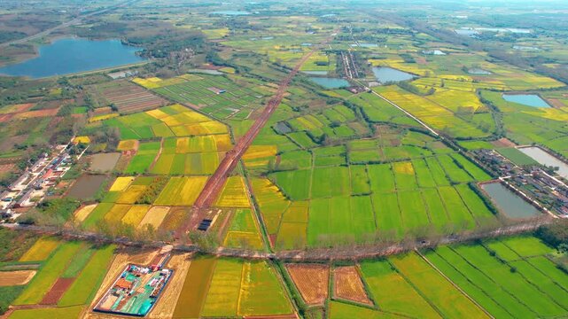 Aerial View of Colorful Rural Farmland and Villages in China