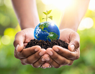 Obraz premium Hands cradling a globe with a growing sprout in soil, symbolizing earth conservation and environmental hope. This inspiring, highquality image evokes themes of sustainability and global care.