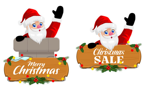 Two-set cartoon illustration of Santa Claus with signboards with the messages Merry Christmas and Christmas Sale, for holiday greetings, seasonal promotions, advertising, and commercial use.