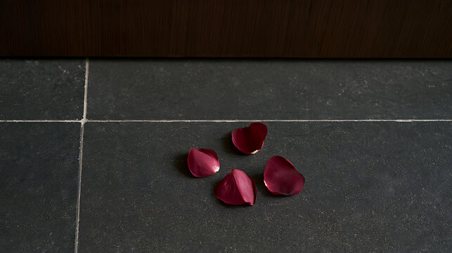 Red rose petals (Rosa rubiginosa) scattered on dark tile floor, creating a romantic and moody aesthetic for commercial lifestyle design