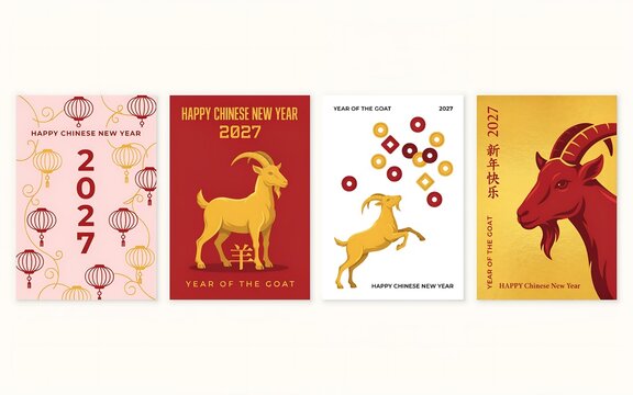 Set of four modern Chinese New Year greeting cards featuring goats, lanterns, and festive decorations for the year 2027