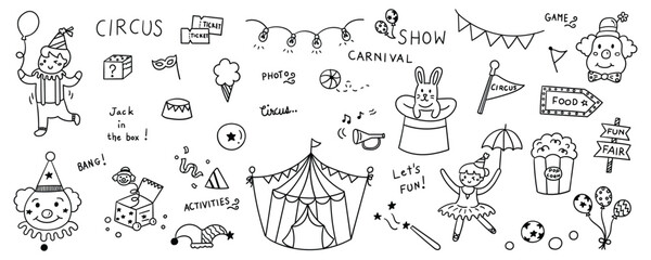 Fototapeta premium Hand drawn doodle set of circus carnival and amusement fair elements for scrapbooking vector design.