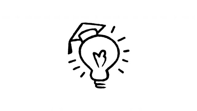 Animated doodle icon of a glowing lightbulb wearing a graduation cap representing educational ideas and knowledge.