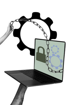 Vertical photo collage of hand hold chain blocked laptop device lock gearwheel optimization hacker decode isolated on painted background