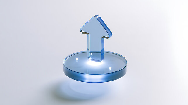 A shiny blue glass upward arrow icon floating on a clean white background, symbolizing business growth, success, and positive progress