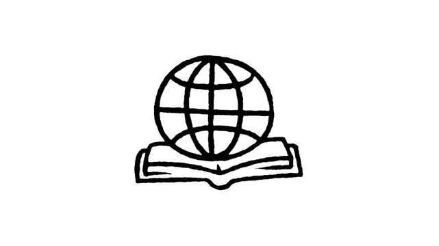 Animated doodle icon of planet earth globe sitting on an open book for global knowledge and research.