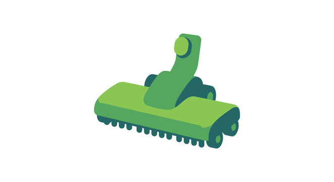 Green robotic pool cleaner with wheels and brushroll on a white background