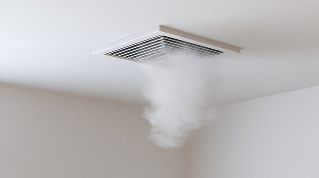 Smoke or gas pouring out of a ventilation system vent grate on a white ceiling inside a modern interior space for safety hazard concept