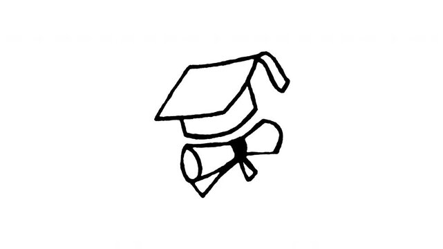Animated doodle icon of a graduation mortarboard cap paired with a tied diploma certificate scroll.