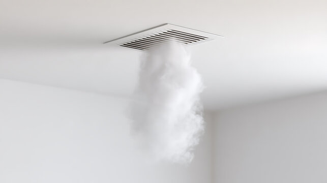 Dense white smoke or steam pours rapidly from a metal ceiling vent inside a modern white room, creating an emergency safety hazard scene
