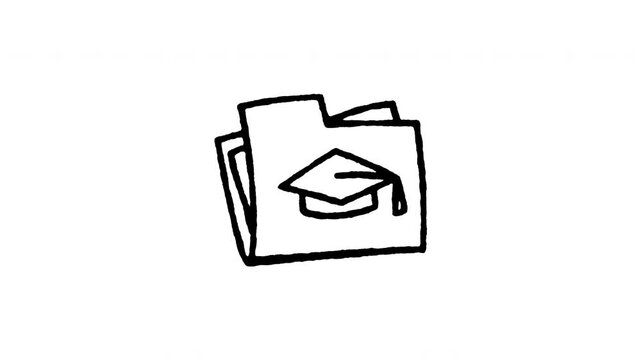 Animated doodle icon of a document folder stamped with a graduation cap for student academic records.