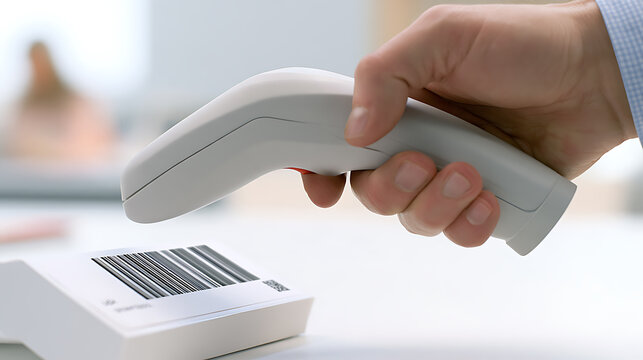 Close-up of a store worker hand hold electronic barcode reader to check price product label in retail store for commercial sales business
