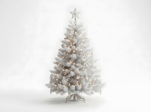 A stunningly elegant artificial white Christmas tree stands centered against a pure white background, decorated with delicate silver ornaments and soft glowing warm fairy lights.