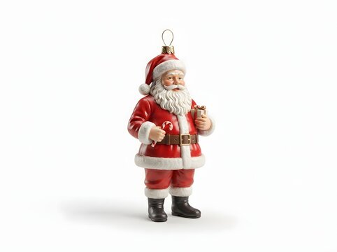 A high quality studio photograph of a classic Santa Claus Christmas tree ornament holding a small gift and a candy cane on a white background