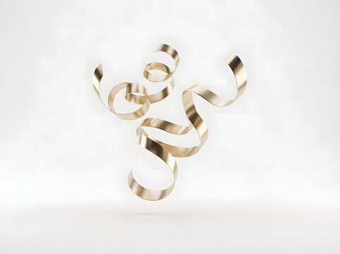 A minimalist composition featuring elegant floating golden ribbons that spiral gracefully against a soft neutral white background creating a sense of luxury and fluid motion