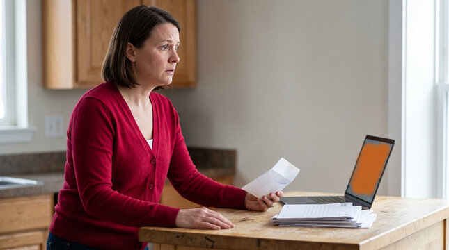 Woman looking stressed while reviewing bills at a kitchen counter  