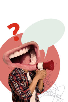Vertical photo collage of anonym man instead head mouth scream megaphone question mark dilemma agitation isolated on painted background