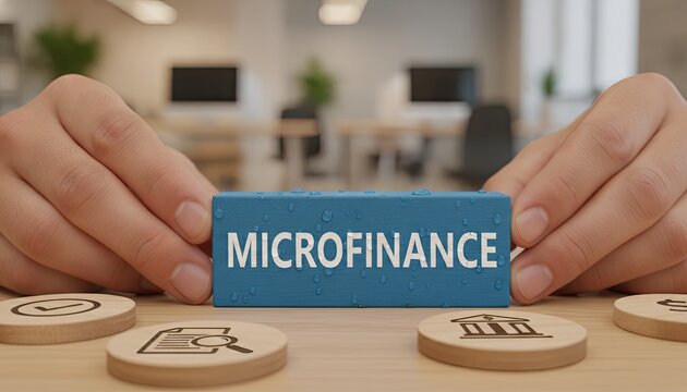 Hands hold blue block labeled microfinance with water droplets alongside business planning tokens to symbolize accessible small financial loans and development.