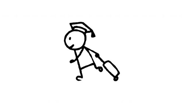 Animated doodle icon of a student wearing a graduation cap pulling a rolling suitcase travel luggage.