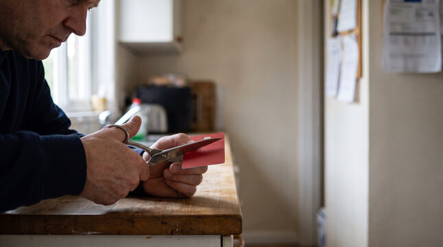 Man cutting a credit card on a wooden countertop in a home kitchen  