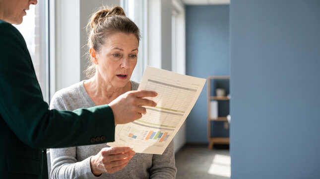 Financial advisor discussing budget details with concerned client  