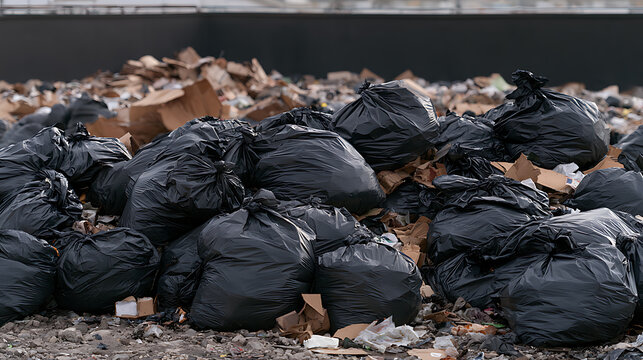 Large piles of black garbage bags and cardboard boxes scattered in a municipal landfill, representing global waste and pollution crises