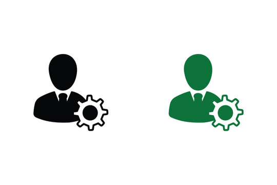 User management icon set, black and green person silhouette with gear symbol, professional settings or admin profile sign, vector illustration