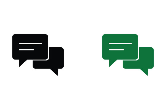 Two speech bubbles icon set, chat message symbol, communication sign in black and green colors, vector illustration