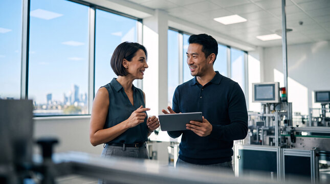 A man and woman chat happily, man holds tablet in bright textile factory surrounded by spinning machinery and yarn rolls.