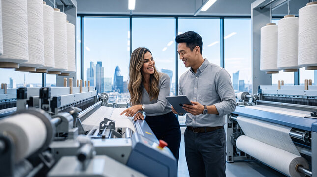 A man and woman chat happily, man holds tablet in bright textile factory surrounded by spinning machinery and yarn rolls.