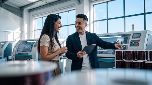 A man and woman chat happily, man holds tablet in bright textile factory surrounded by spinning machinery and yarn rolls.