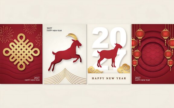 Set of four 2027 Chinese New Year greeting cards with red goats, lucky knot and hanging lanterns