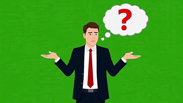 Confused businessman shrugging shoulders with question mark in thought bubble motion vector footage clip animation